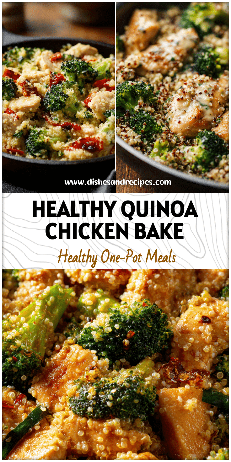 One-pan creamy chicken and broccoli quinoa skillet shown as a healthy meal casserole with colorful veggies.