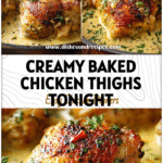 Plate of creamy oven baked chicken thighs in rich sauce served with herbs and sides.
