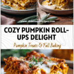Creamy Pumpkin Lasagna Roll-Ups for Cozy Fall Nights 5 Golden Pumpkin Lasagna Roll Ups layered with ricotta and sauce on a rustic fall table setting