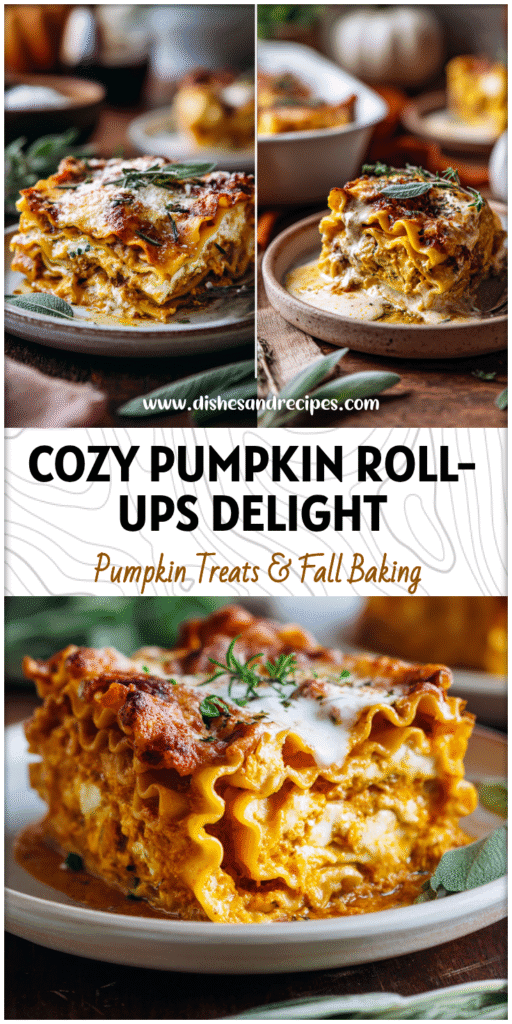 Home 10 Golden Pumpkin Lasagna Roll Ups layered with ricotta and sauce on a rustic fall table setting