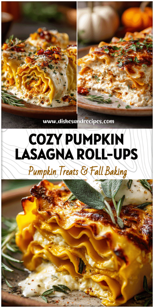 Home 12 Golden Pumpkin Lasagna Roll Ups with ricotta filling and fall-inspired garnish on a rustic plate