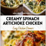 Golden baked chicken topped with creamy spinach artichoke dip and melted cheese served in a casserole dish.