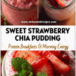 Creamy strawberry chia seed pudding served in a glass jar topped with sliced strawberries and fresh mint.