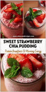 Home 7 Creamy strawberry chia seed pudding served in a glass jar topped with sliced strawberries and fresh mint.
