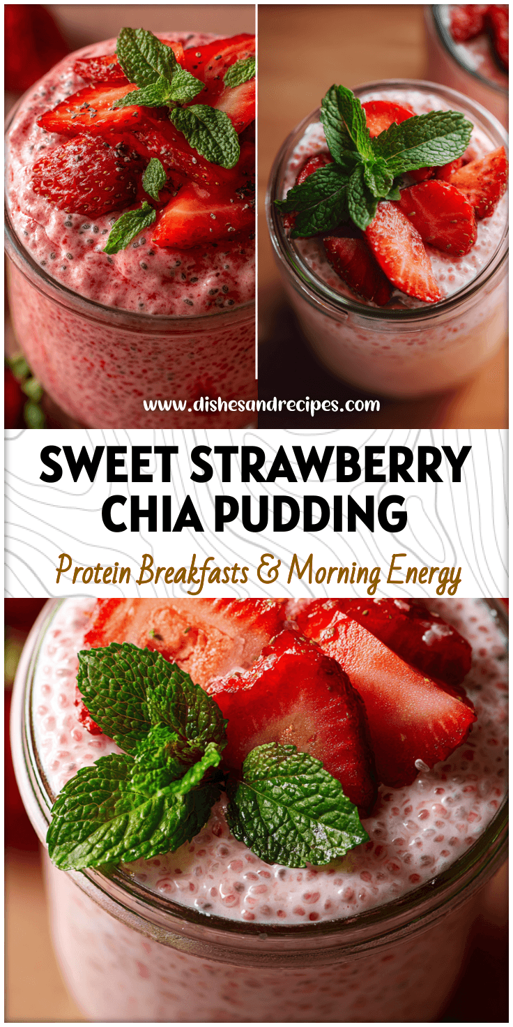 Creamy strawberry chia seed pudding served in a glass jar topped with sliced strawberries and fresh mint.