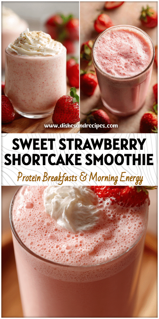 Home 24 Glass of Strawberry Vanilla Protein Smoothie made with Strawberries and Cream Protein Powder for a healthy breakfast.