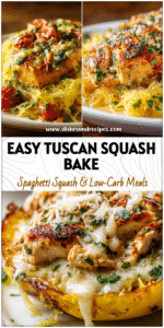 A plate of creamy Tuscan Spaghetti Squash Chicken Parmesan showing golden Chicken Spagetti Squash with sauce and herbs.