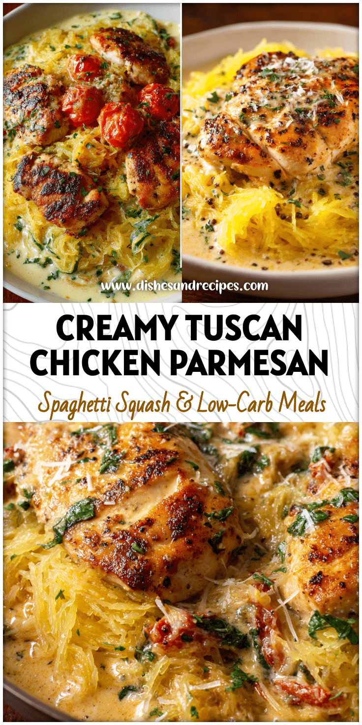 Golden Chicken Parmesan served over creamy Tuscan Spaghetti Squash with herbs and cheese for a light pasta-style meal.