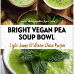 Creamy Vegan Pea And Mint Soup for a Bright Spring Lunch 5 Close-up of creamy Green Pea Soup With Herbs garnished with mint and served for a Spring Lunch