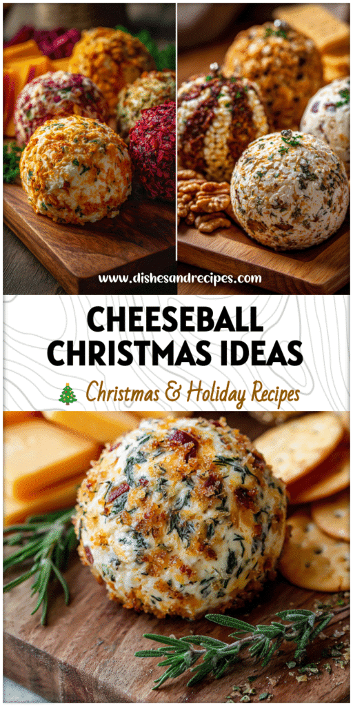 Assorted Cheeseball Christmas ornaments and a Taco Cheese Ball Wreath arranged on a wooden board.