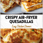 Golden brown Air Fryer Quesadillas filled with melted cheese and chicken on a white plate.
