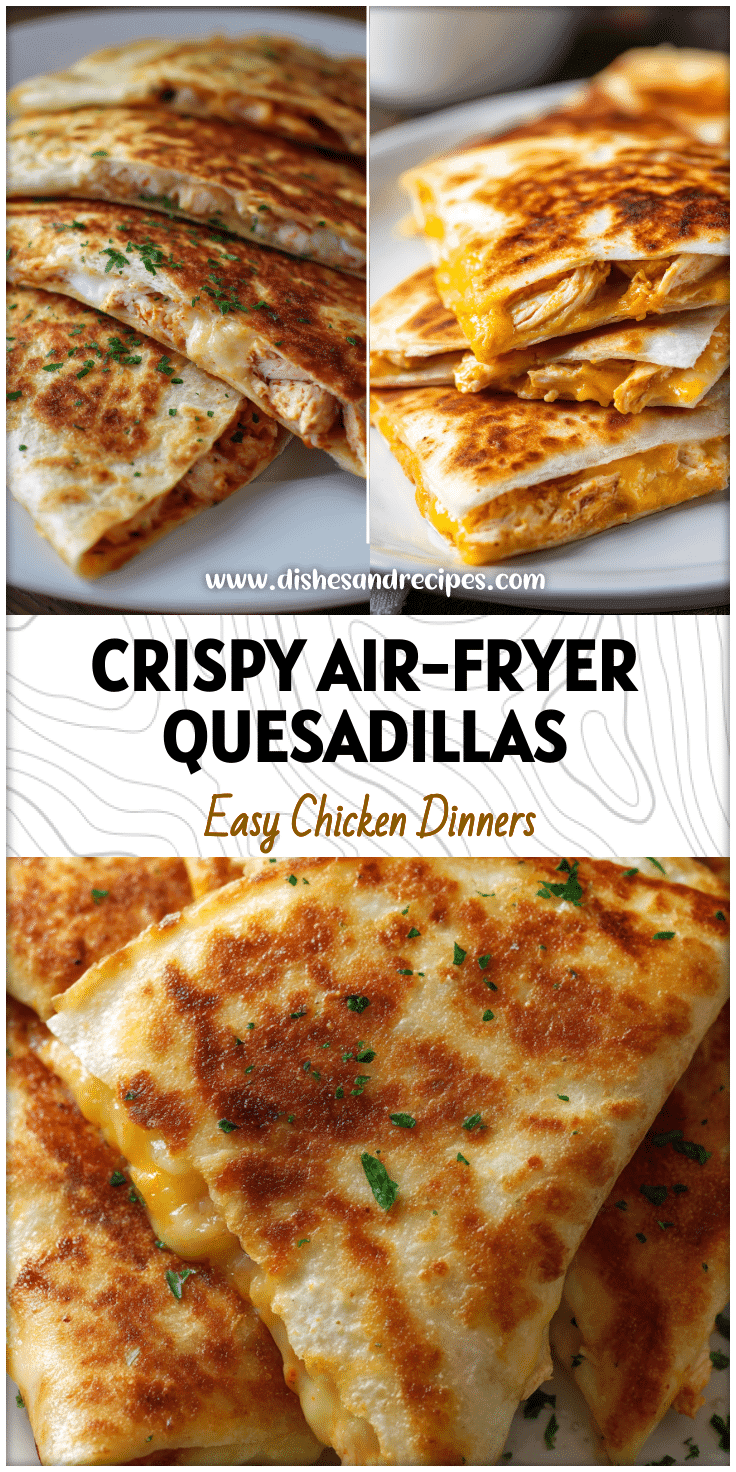 Golden brown Air Fryer Quesadillas filled with melted cheese and chicken on a white plate.