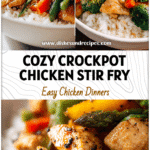 Crockpot Stirfry Chicken and Veggies | Healthy Stir Fry Over Rice 5 Crockpot chicken and vegetable stir fry served over rice in a white bowl.