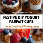 Diy Parfait Cups with Greek yogurt, granola, and berries arranged for a Christmas Yogurt Parfait brunch.