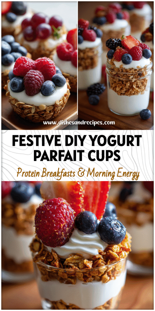Diy Parfait Cups with Greek yogurt, granola, and berries arranged for a Christmas Yogurt Parfait brunch.