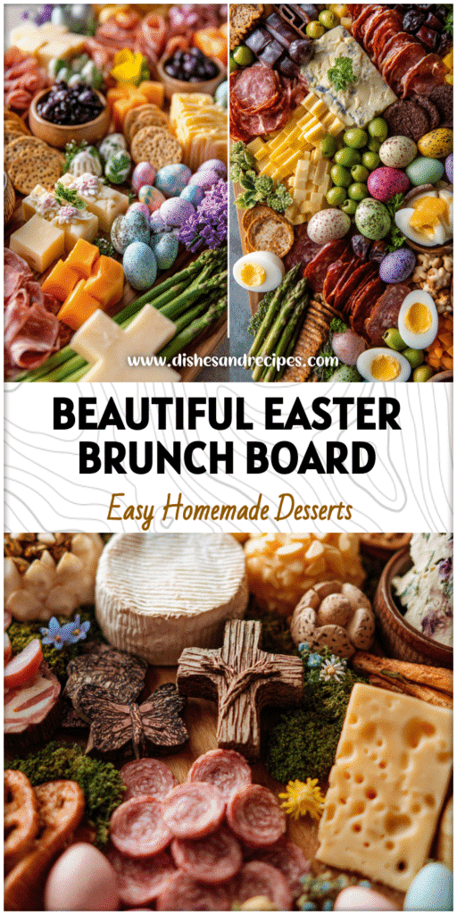 Easter brunch charcuterie board styled with woodland touches, cross-shaped snacks, meats, cheeses, and spring appetizers.