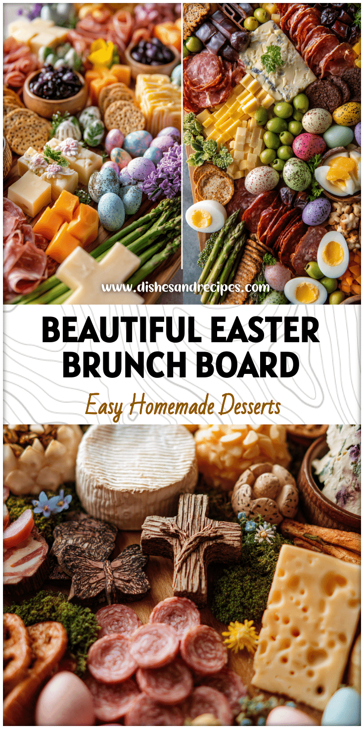 Easter brunch charcuterie board styled with woodland touches, cross-shaped snacks, meats, cheeses, and spring appetizers.