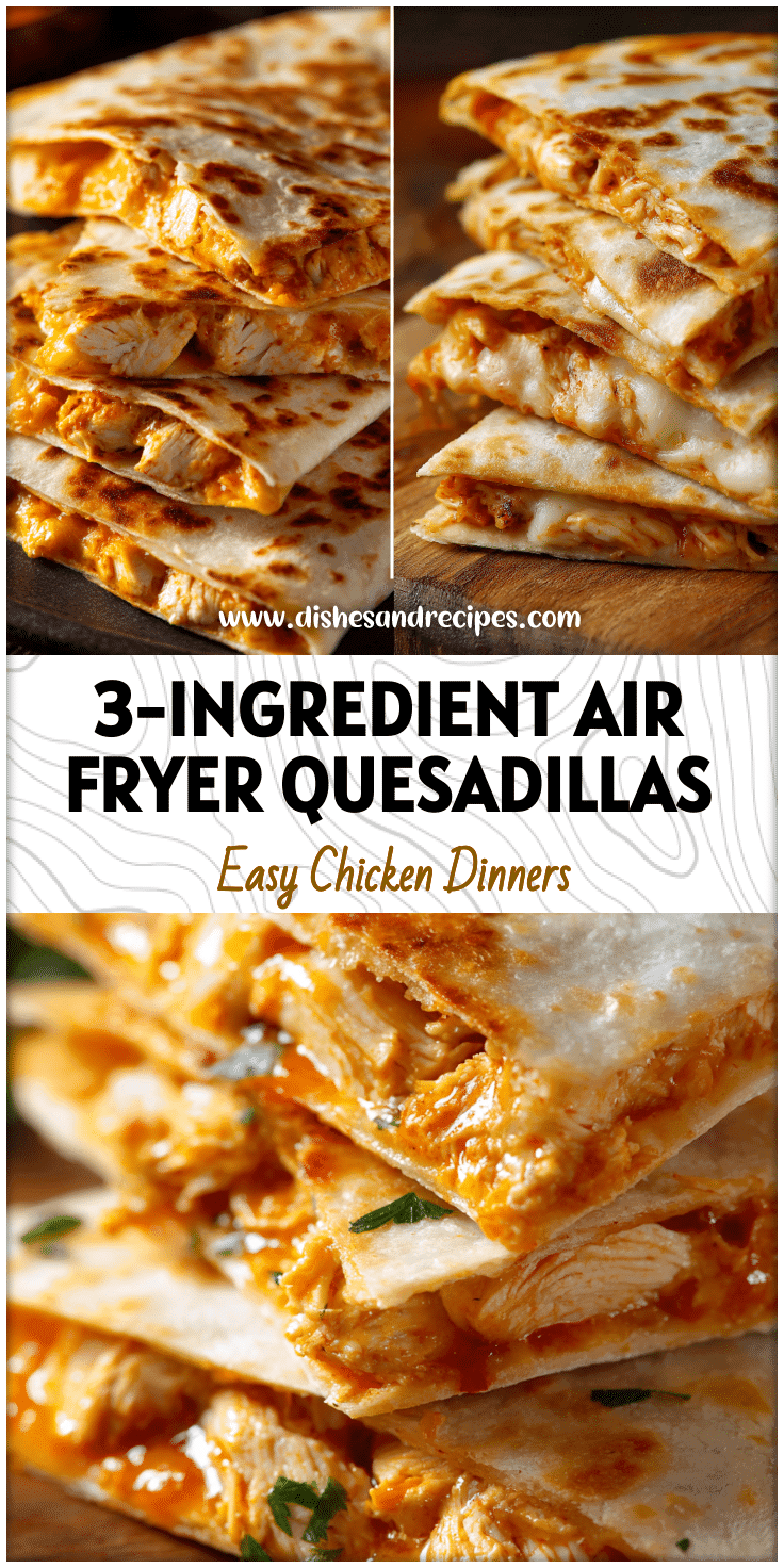 Close-up of cheesy Chicken Quesadillas made in an air fryer, sliced and stacked with golden edges.