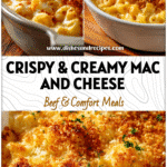 Golden baked mac and cheese casserole topped with crispy breadcrumbs served in a ceramic dish.