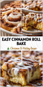 Golden Easy Breakfast Cinnamon Roll Casserole baked in a dish with icing drizzle and cinnamon swirl center