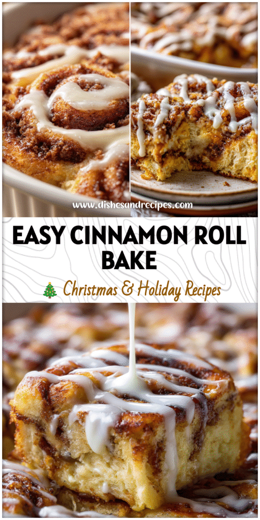 Golden Easy Breakfast Cinnamon Roll Casserole baked in a dish with icing drizzle and cinnamon swirl center