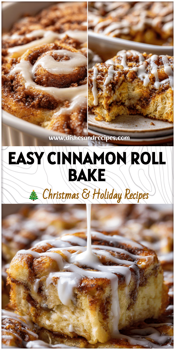 Golden Easy Breakfast Cinnamon Roll Casserole baked in a dish with icing drizzle and cinnamon swirl center