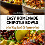 Easy Chicken Burrito Bowls Inspired by Chipotle Recipes 5 Colorful Chicken Burrito Bowl filled with rice, grilled chicken, beans, and veggies styled like Chipotle Recipes and Healthy Bowls.