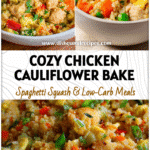 Easy Chicken & Egg Cauliflower Fried Rice Casserole for a Healthy Dinner 5 Bowl of Easy Chicken Cauliflower Casserole filled with shredded chicken, eggs, and colorful veggies on cauliflower rice.