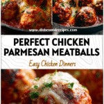 Golden Chicken Parmesan Meatballs with marinara sauce served in a skillet topped with melted cheese.