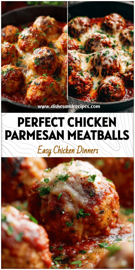 Home 29 Golden Chicken Parmesan Meatballs with marinara sauce served in a skillet topped with melted cheese.