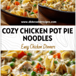 A creamy skillet of Chicken Pot Pie Noodles with vegetables and tender chicken in a rich sauce.