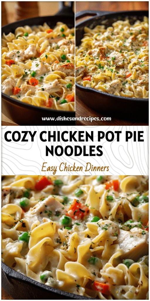 A creamy skillet of Chicken Pot Pie Noodles with vegetables and tender chicken in a rich sauce.