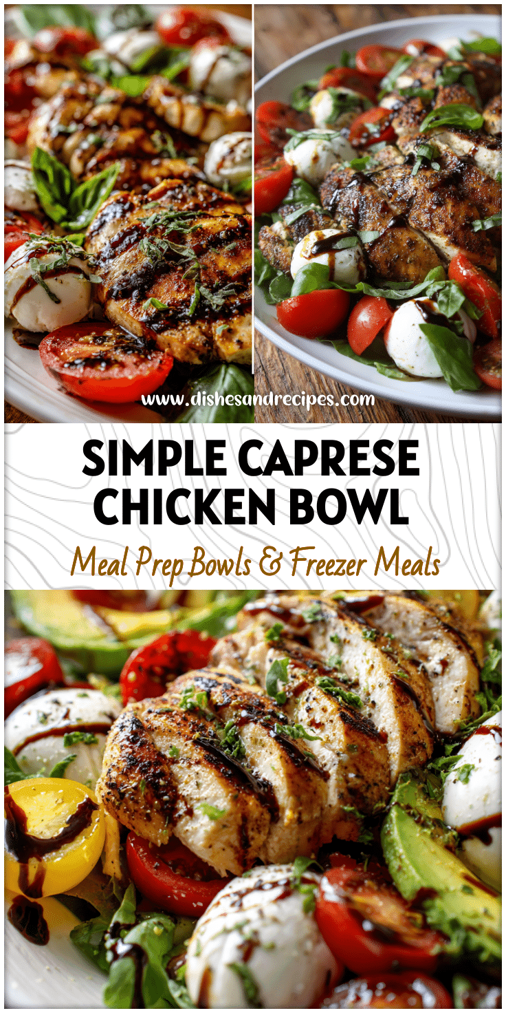 Plate of Chicken And Caprese Salad with basil, mozzarella, juicy tomatoes, and balsamic dressing drizzle.