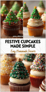 Festive Christmas Tree Cupcakes decorated with colorful sprinkles and icing, perfect for Christmas Cupcakes Recipes.