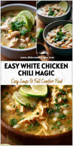 Bowl of Easy Crockpot White Chicken Chili topped with cilantro and lime, perfect for Recetas De Cena ideas.