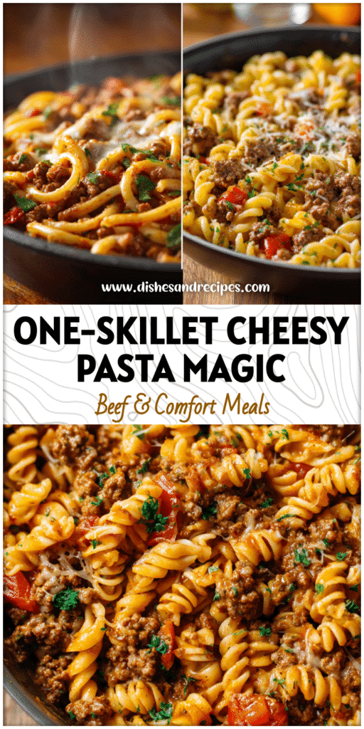 Home 34 One-skillet cheesy beef pasta with browned ground beef, noodles, and melted cheese served hot