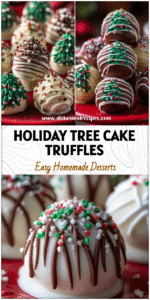 Close-up of homemade Little Debbie Tree Cake truffles on red holiday platter with sprinkles.