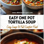 Easy One Pot Chicken Tortilla Soup for Cozy Nights 5 A bowl of One Pot Chicken Tortilla Soup With Salsa topped with crispy tortillas and fresh herbs.