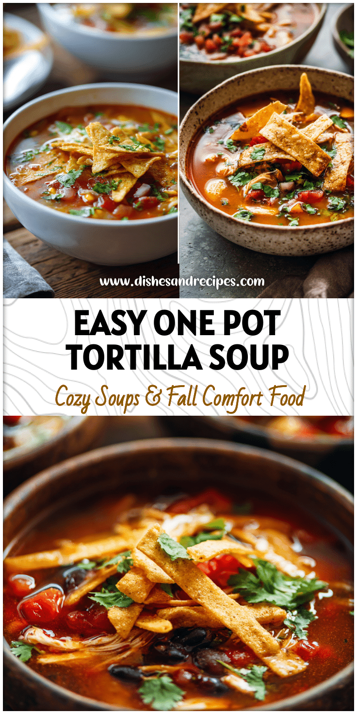 A bowl of One Pot Chicken Tortilla Soup With Salsa topped with crispy tortillas and fresh herbs.