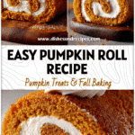 Fresh pumpkin cake roll sliced to reveal a creamy cheese filling and topped with light whipped cream swirls