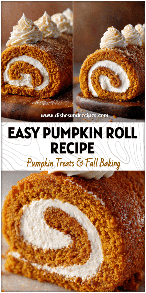 Fresh pumpkin cake roll sliced to reveal a creamy cheese filling and topped with light whipped cream swirls