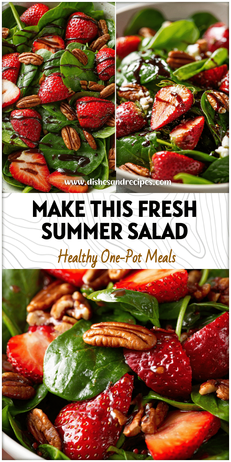 Close-up of spinach strawberry salad with pecans and balsamic glaze served in a white bowl.