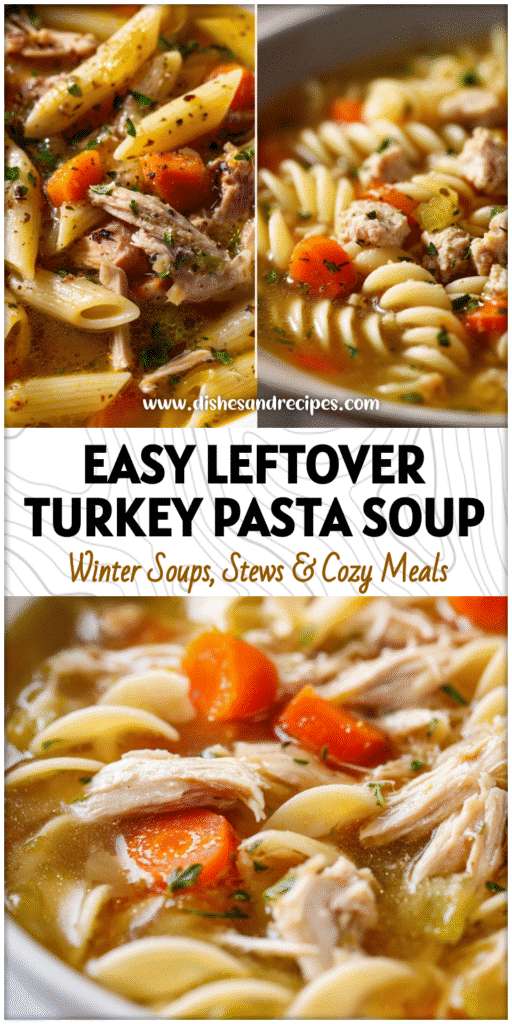 Home 35 Hearty bowl of Turkey Pasta Soup with noodles, carrots, and leftover Thanksgiving turkey pieces.