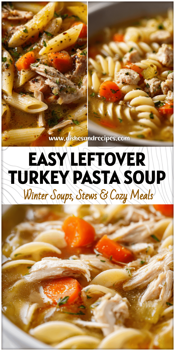 Hearty bowl of Turkey Pasta Soup with noodles, carrots, and leftover Thanksgiving turkey pieces.