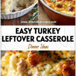 Creamy Turkey And Mashed Potato Casserole baked with golden cheese and fresh herbs on top.