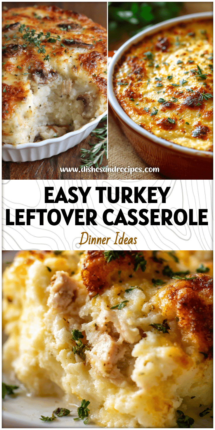 Creamy Turkey And Mashed Potato Casserole baked with golden cheese and fresh herbs on top.