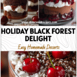 Close-up of a festive Black Forest Trifle showing chocolate layers, cherries, and whipped cream.
