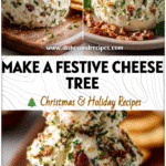 Festive Christmas Tree Cheese Ball for Holiday Parties 5 A Christmas Tree Cheese Ball decorated with herbs and toppings styled on a Cheeseball Charcuterie Board.