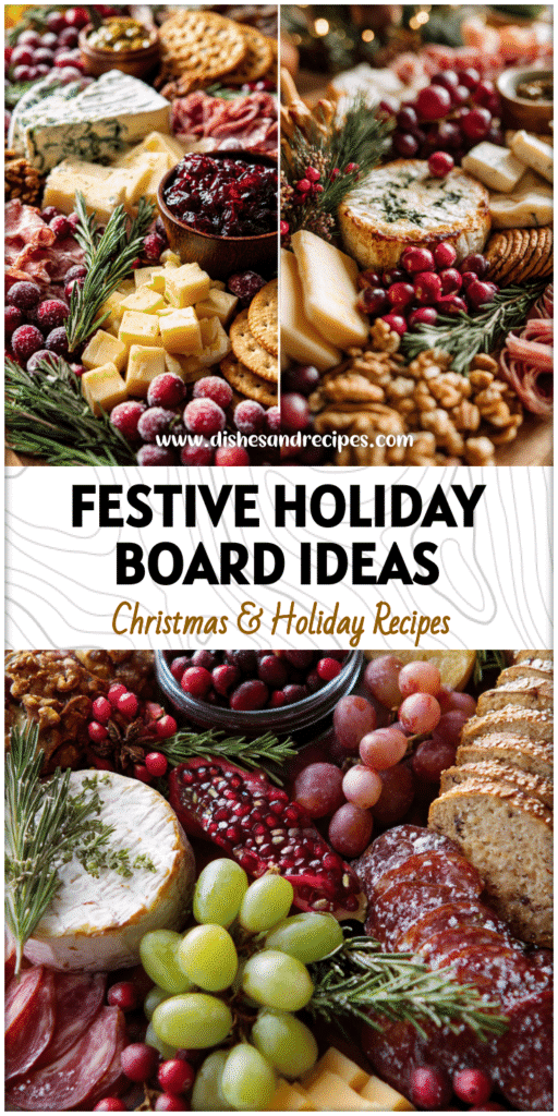 Festive holiday charcuterie board with baked brie, meats, cheeses, and holiday garnishes for Christmas gatherings