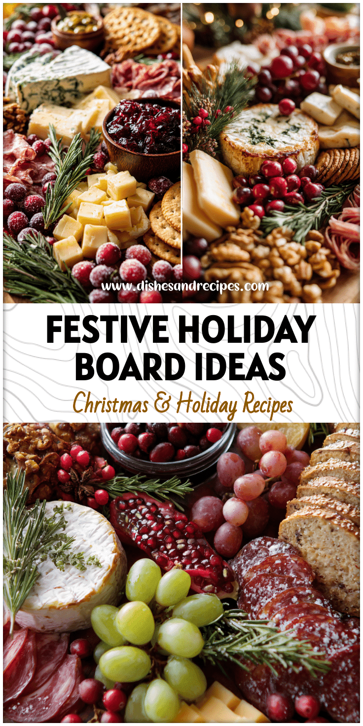 Festive holiday charcuterie board with baked brie, meats, cheeses, and holiday garnishes for Christmas gatherings